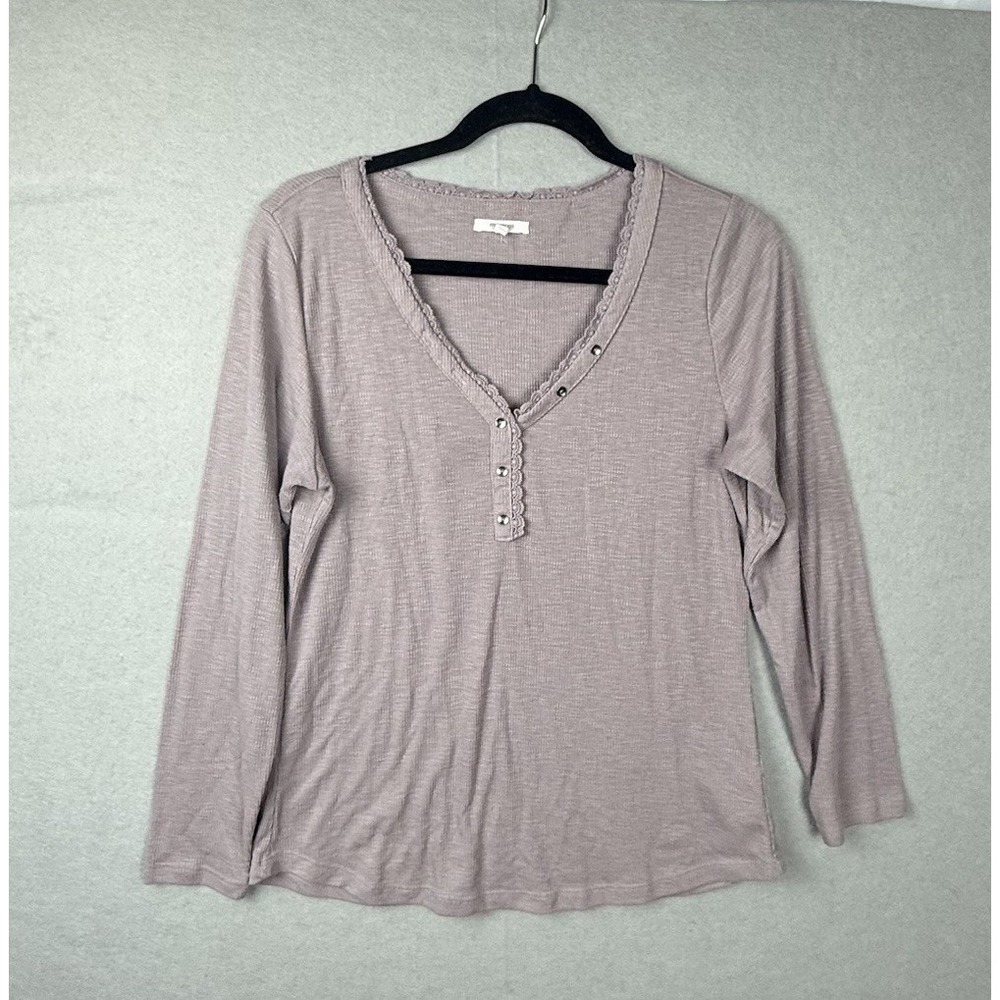 Maurices Womens Mauve Ribbed‎ Lace Trim Henley Long Sleeve Top Large